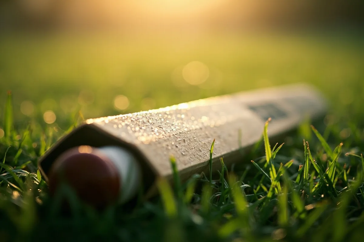 Wide editorial photograph of a cricket bat resting on grass with morning dew