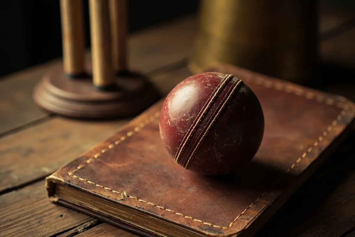 Editorial photograph of a cricket ball sitting on a worn leather scorebook