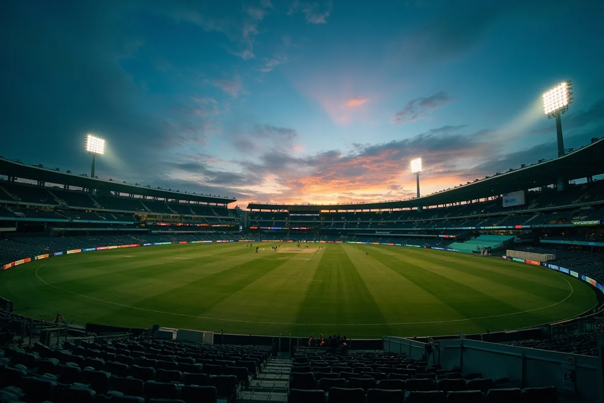 Wide editorial photograph of an empty cricket stadium at twilight with lights beginning to glow