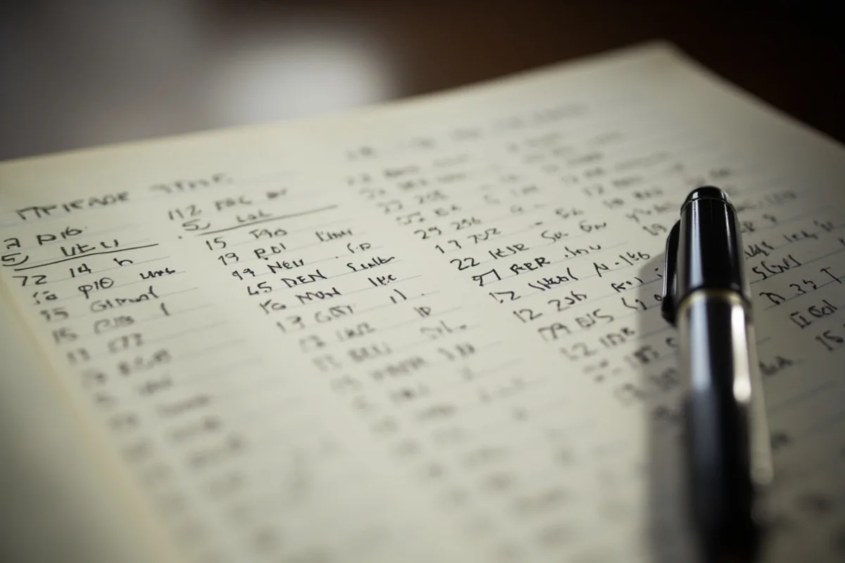 Wide editorial photograph of a notebook full of hand-written cricket stats with a fountain pen