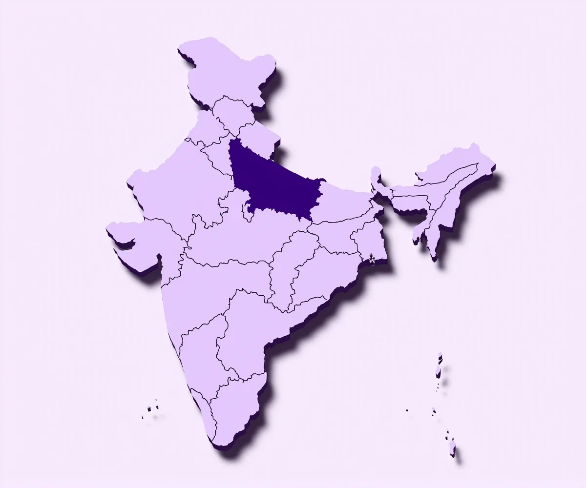 Simplified flat isometric illustration of India map outline with each state as a slightly different tonal lilac tile and three states highlighted in deep violet