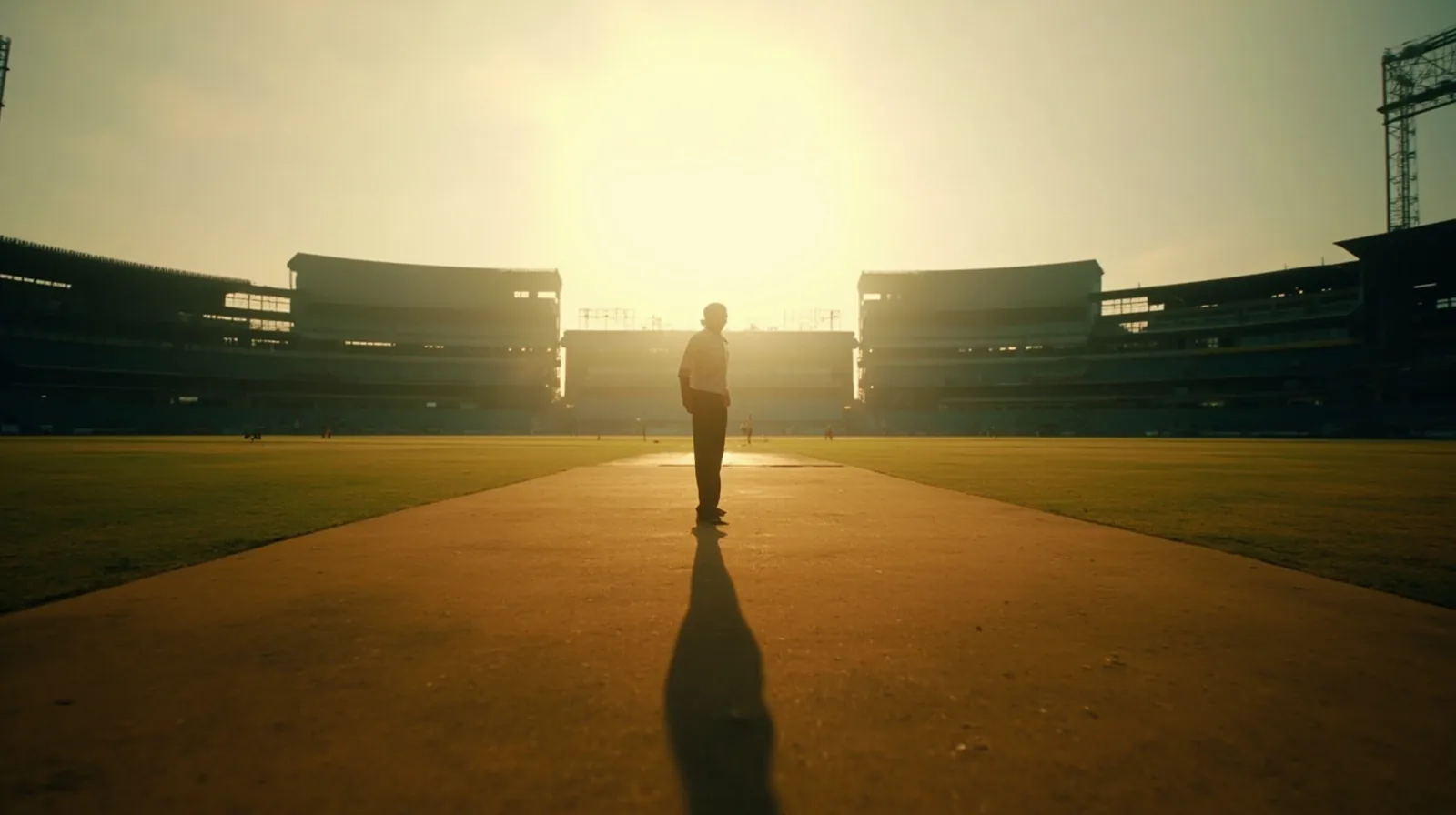 Wide-angle photograph of an Indian cricket stadium pitch at golden hour with long shadows across the 22-yard strip, soft warm light, no people visible