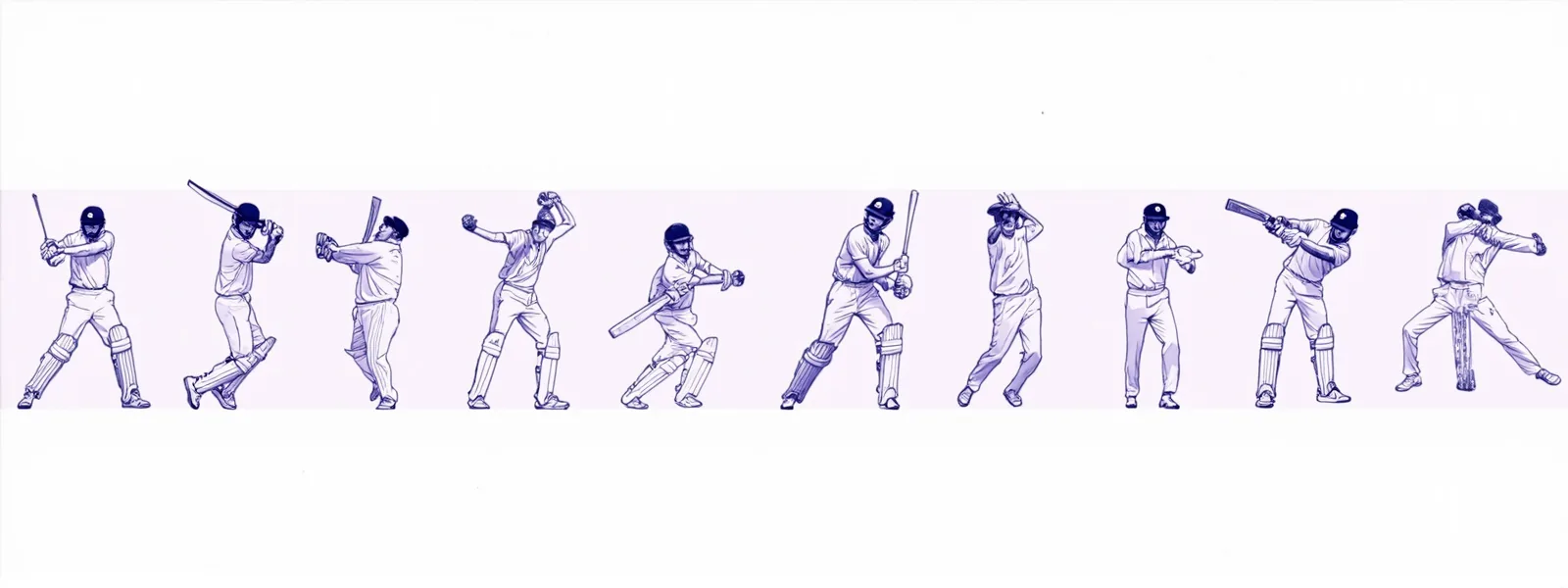Wide editorial banner showing line art sketches of cricket players in different batting and bowling poses