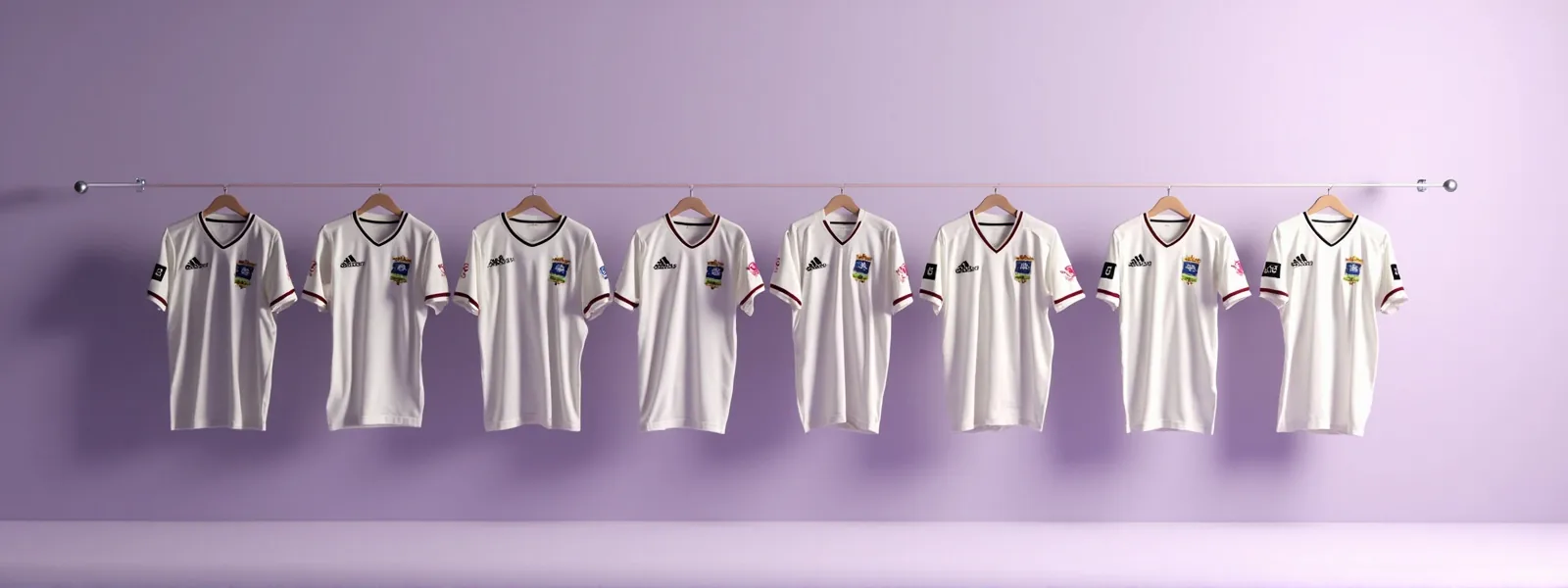 Wide editorial banner showing eight cricket team jerseys hanging in a row on a clean pale lilac studio wall
