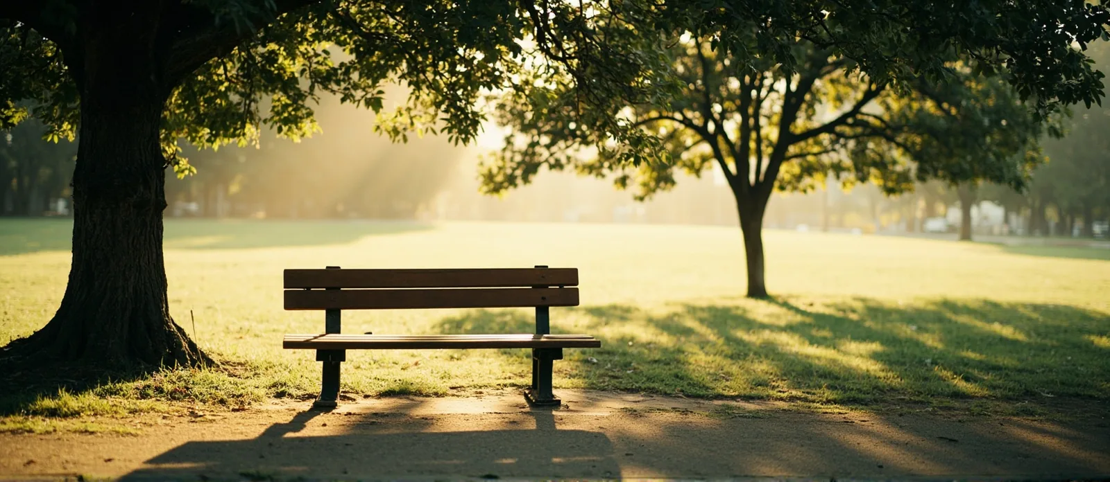 Wide editorial photograph of an empty outdoor bench under a quiet tree, calm mindful mood