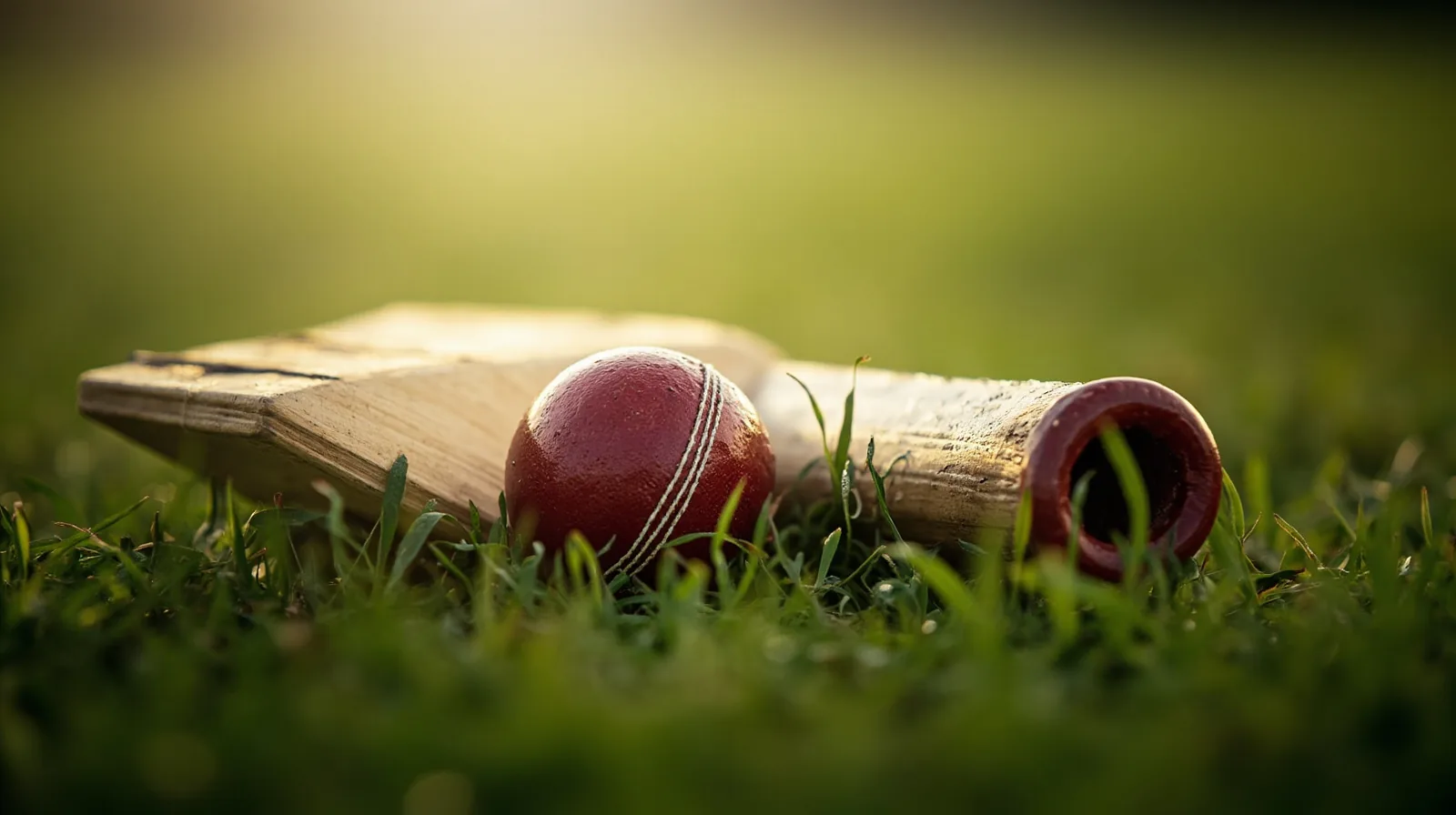 Editorial photograph of a cricket bat and ball resting together on grass with morning dew