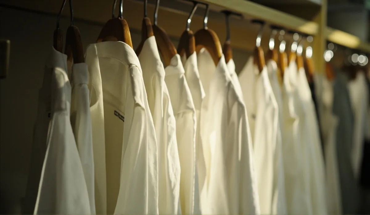 Editorial photograph of cricket whites hanging on a dressing room hook