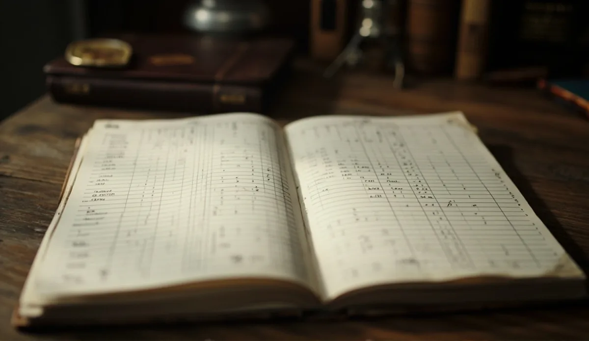 Editorial photograph of an open cricket scorebook on a wooden desk