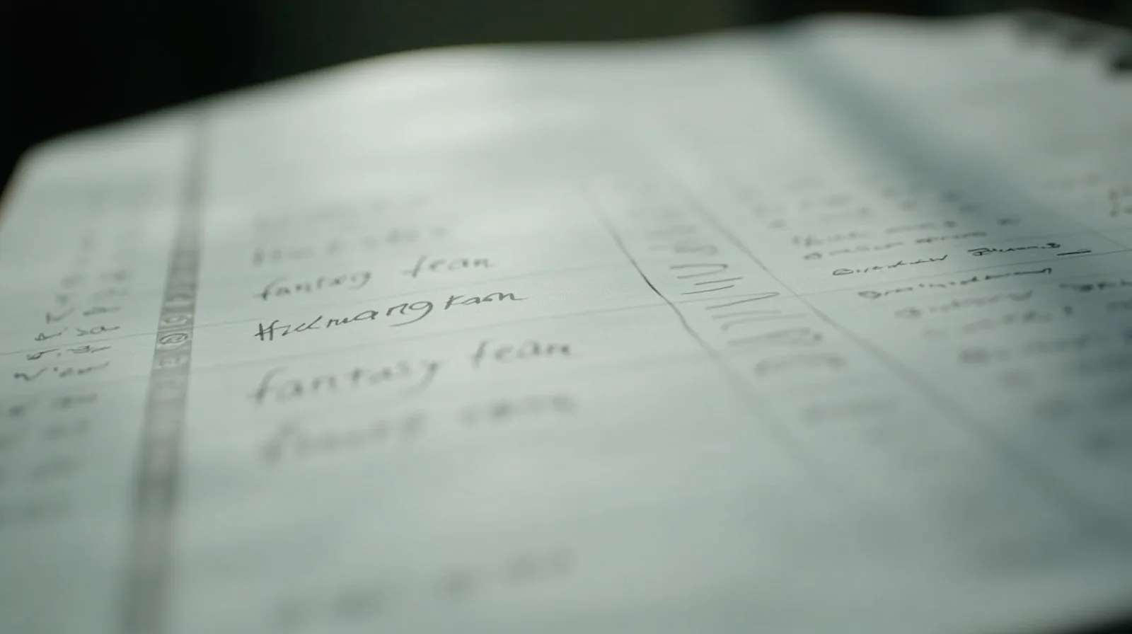 Editorial photograph of an open ledger showing handwritten fantasy team budget columns