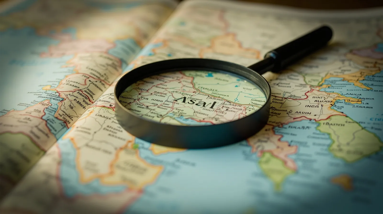 Editorial photograph of an Indian map open in an atlas with a magnifying glass over a northeastern state