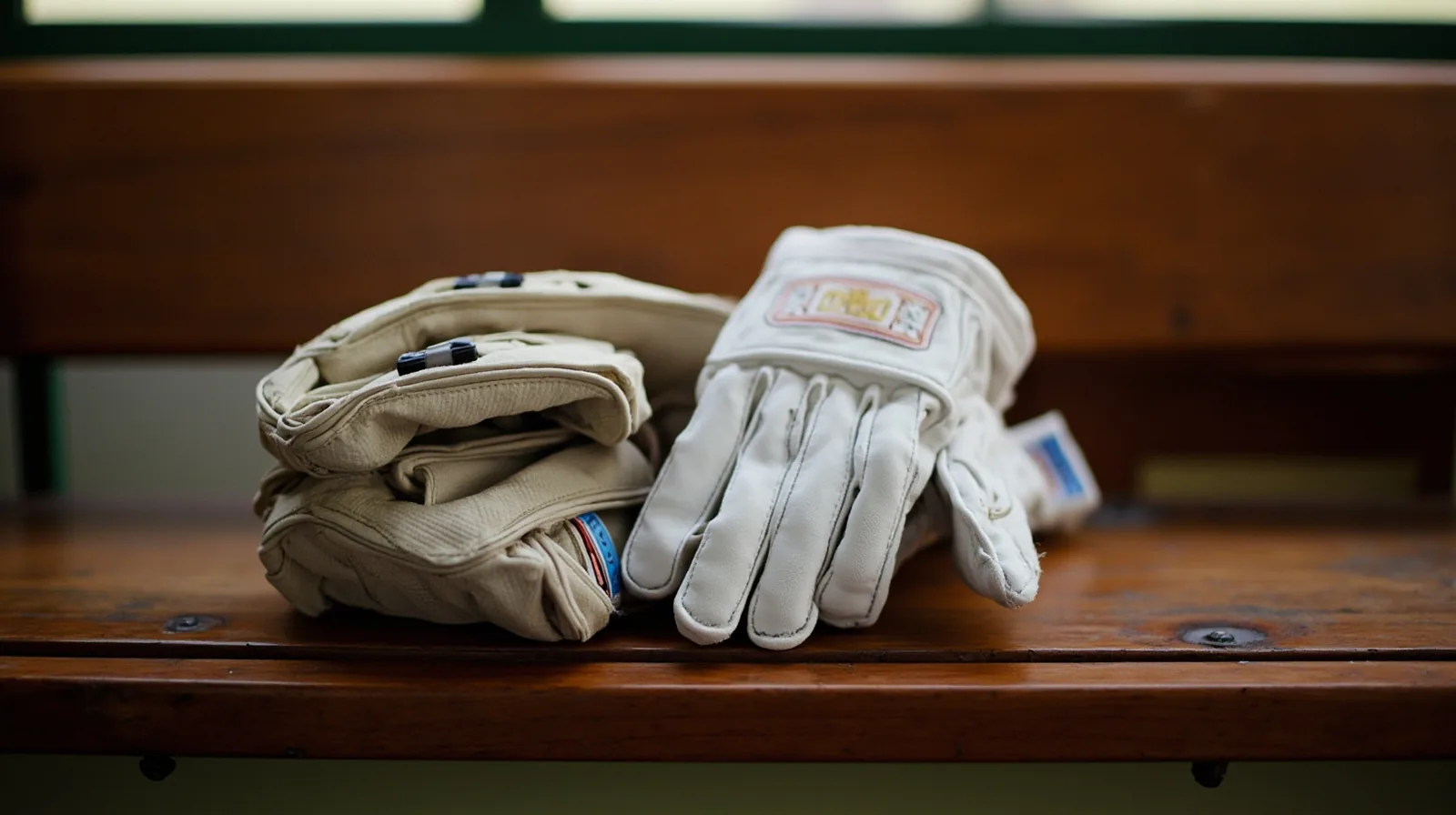 Editorial photograph of three wicketkeeping gloves arranged on a wooden bench